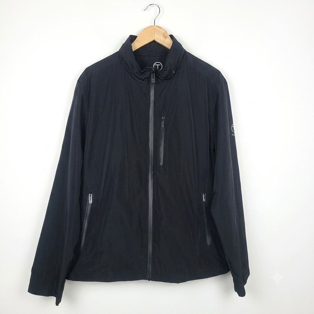 Tumi Tech Windbreaker Jacket Mens L Shell Full Zip Stowaway Hooded Black